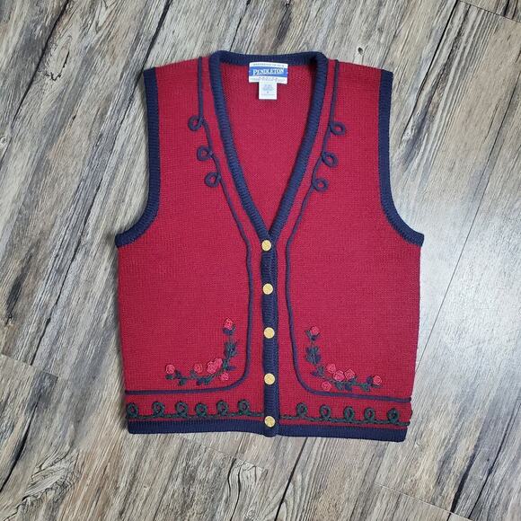 Vintage Pendleton Petite Maroon Knit Embroidered Floral Sweater Vest Sz M - Picture 5 of 8